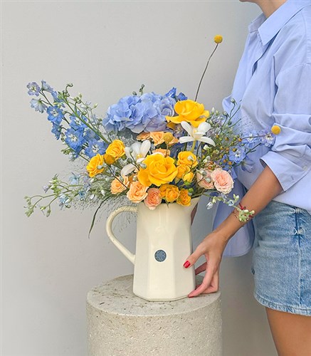 Blue Breeze Hydrangea Rose Arrangement in Ceramic Cream Jug Vase