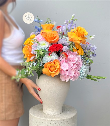 Dancing Colors Deluxe Colorful Flower Arrangement in Ceramic Vase