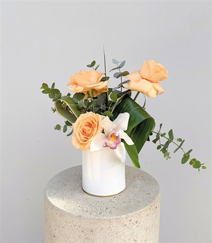 Mini Apricot, Rose, and Orchid Arrangement