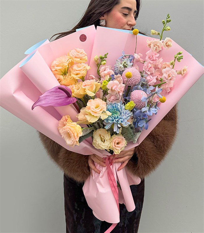 Powder Pembe Mavi Çiçekler Soft Buket