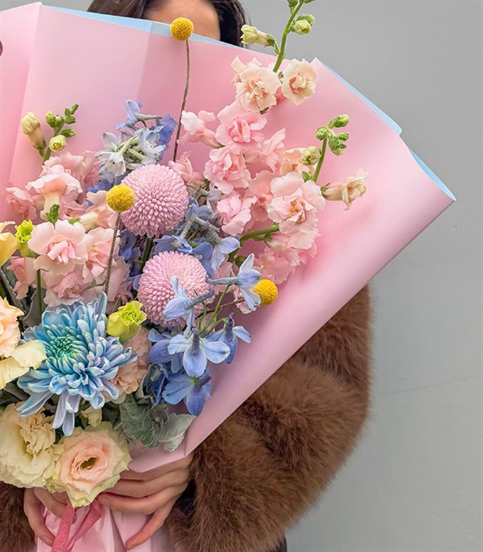 Powder Pembe Mavi Çiçekler Soft Buket