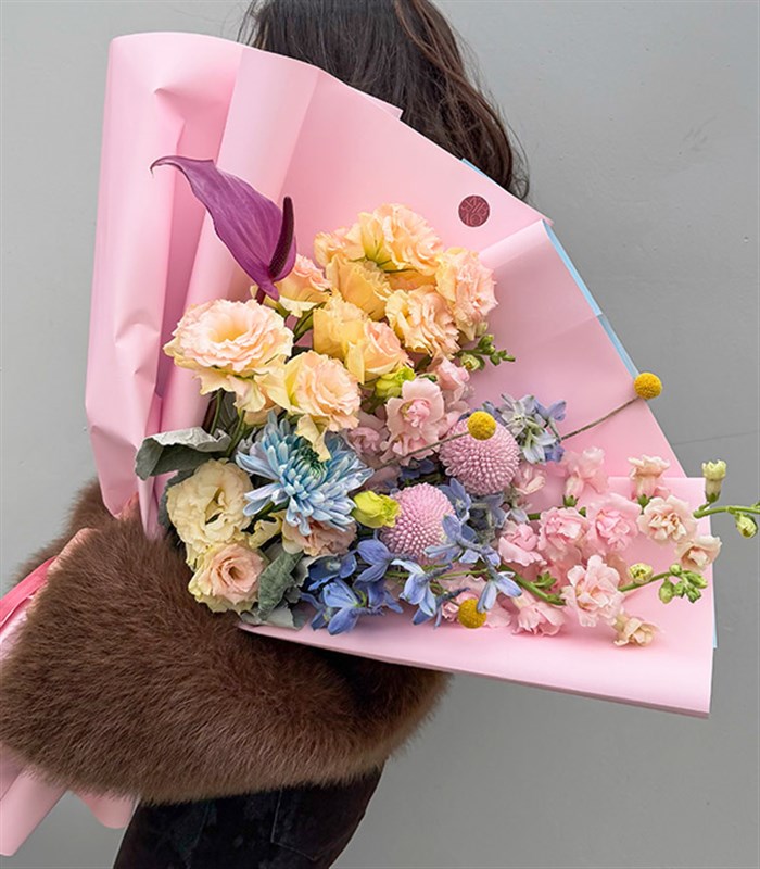 Powder Pembe Mavi Çiçekler Soft Buket