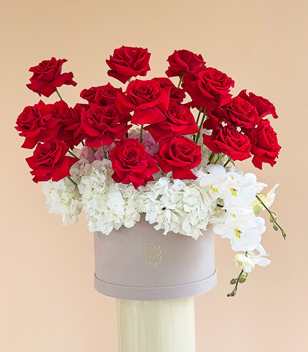 Pair Grand Deluxe Hydrangea and Red Rose in Cream Box