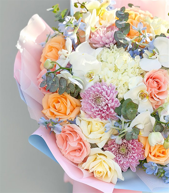 Grand Deluxe Pastel Ortanca Gül İsteme Söz Nişan Buketi