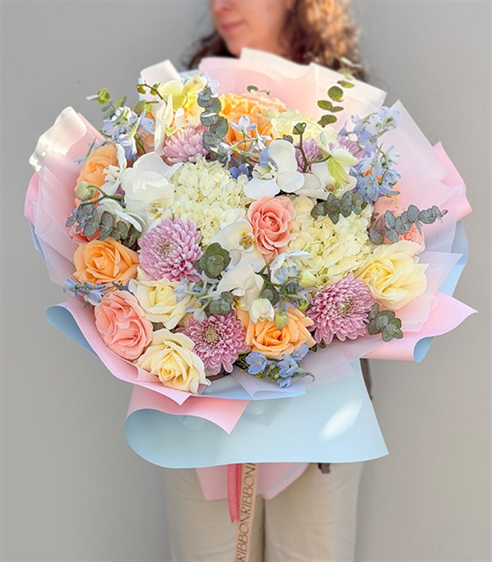 Grand Deluxe Pastel Ortanca Gül İsteme Söz Nişan Buketi