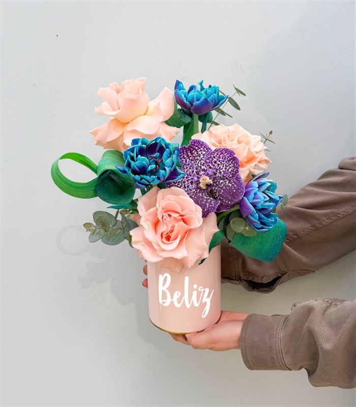 İsme Özel Galaksi Laleler Pembe Gül Mini Aranjman