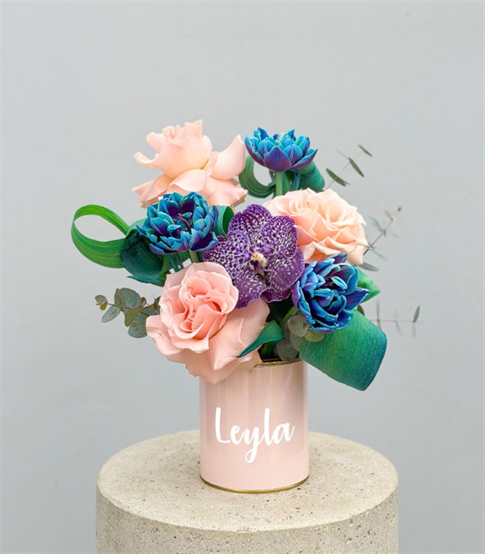 İsme Özel Galaksi Laleler Pembe Gül Mini Aranjman