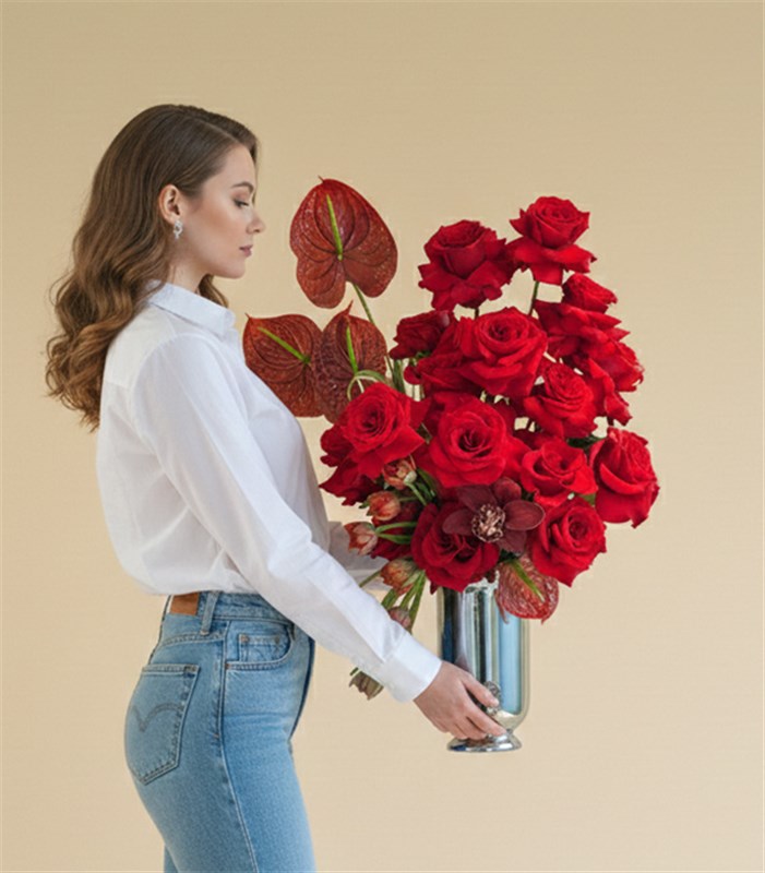 Double Love Deluxe Silver Vazoda Kırmızı Gül Aranjmanı