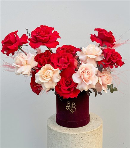 Red Pink Roses Arrangement in Burgundy Box