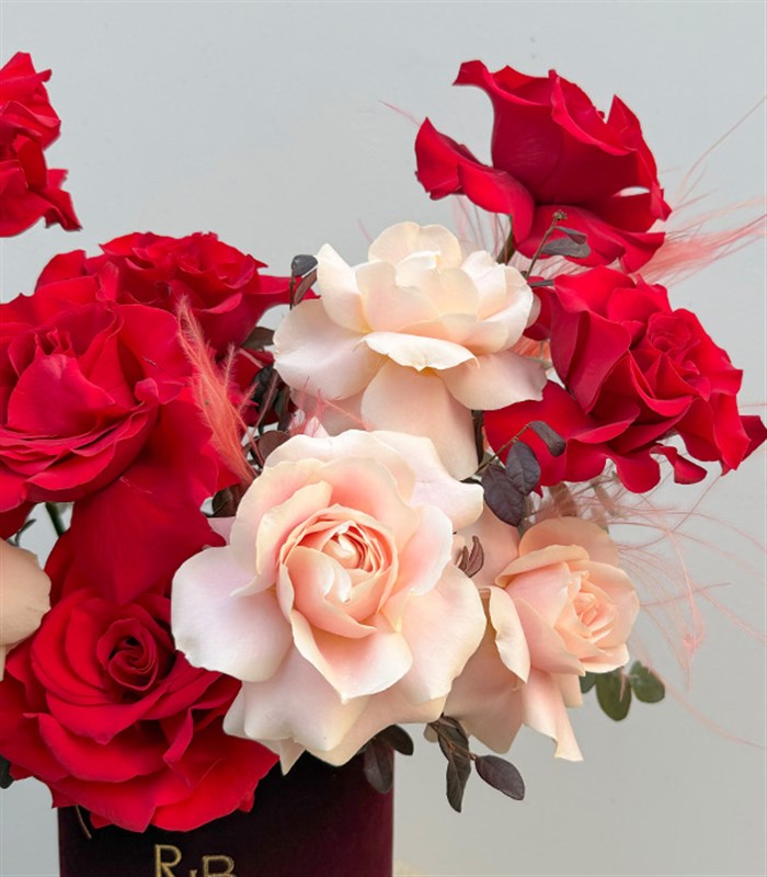 Red Pink Roses Arrangement in Burgundy Box