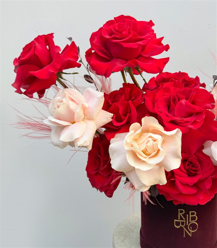 Red Pink Roses Arrangement in Burgundy Box