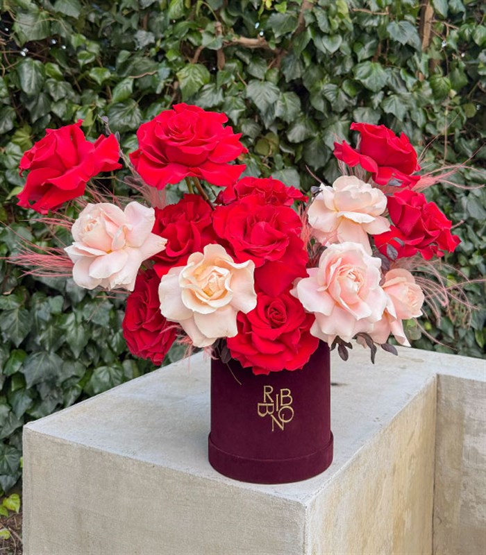 Red Pink Roses Arrangement in Burgundy Box