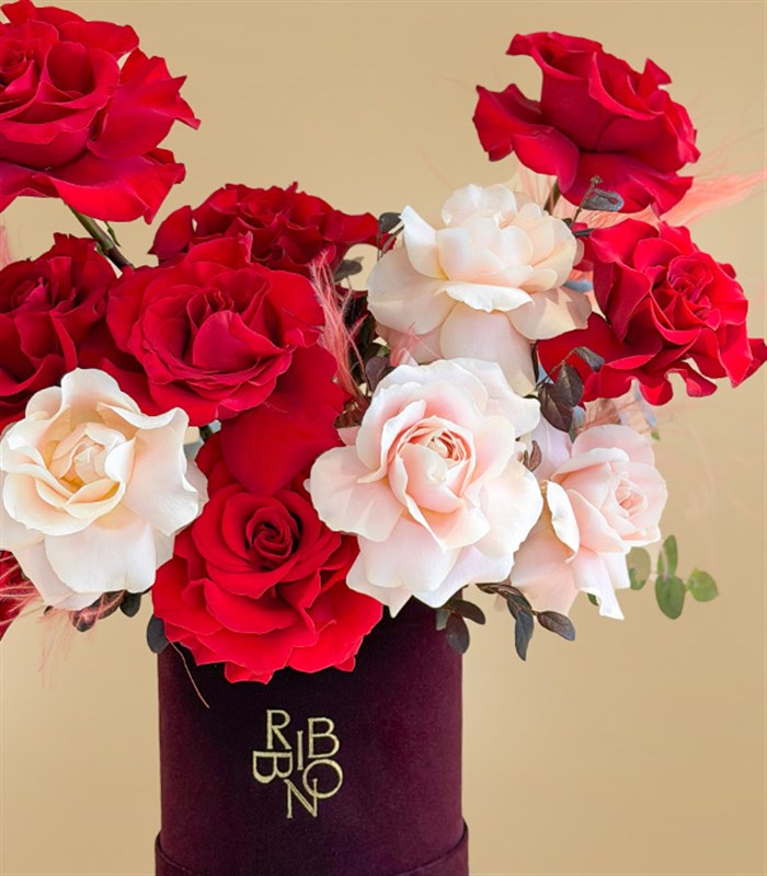 Red Pink Roses Arrangement in Burgundy Box
