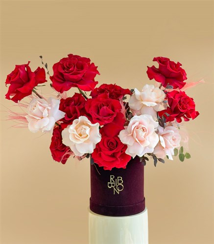 Red Pink Roses Arrangement in Burgundy Box