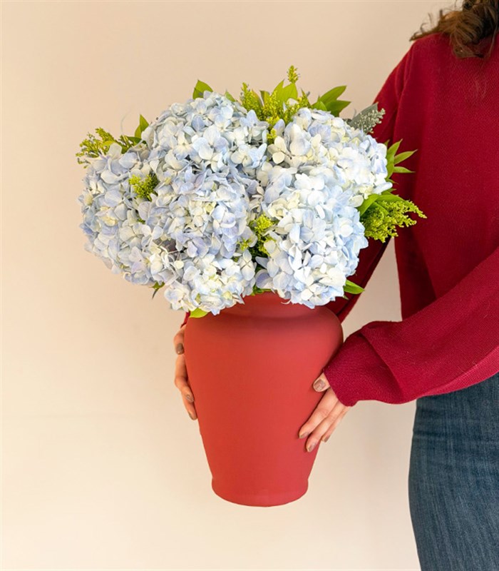 Deluxe Ceramic Burgundy Vase with Blue Hydrangea Flower