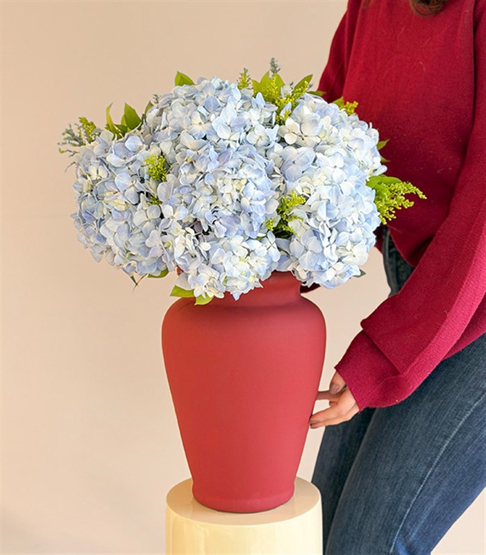 Deluxe Ceramic Burgundy Vase with Blue Hydrangea Flower