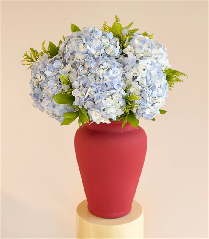 Deluxe Ceramic Burgundy Vase with Blue Hydrangea Flower