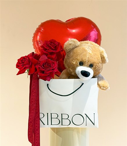 Heart Balloon Plush Teddy Bear Red Rose Gift Set