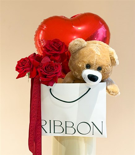 Heart Balloon Plush Teddy Bear Red Rose Gift Set