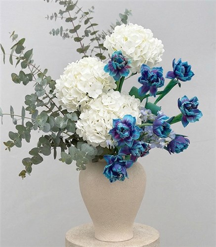 Galaxy Tulip White Hydrangea Arrangement in Deluxe Cream Ceramic Vase