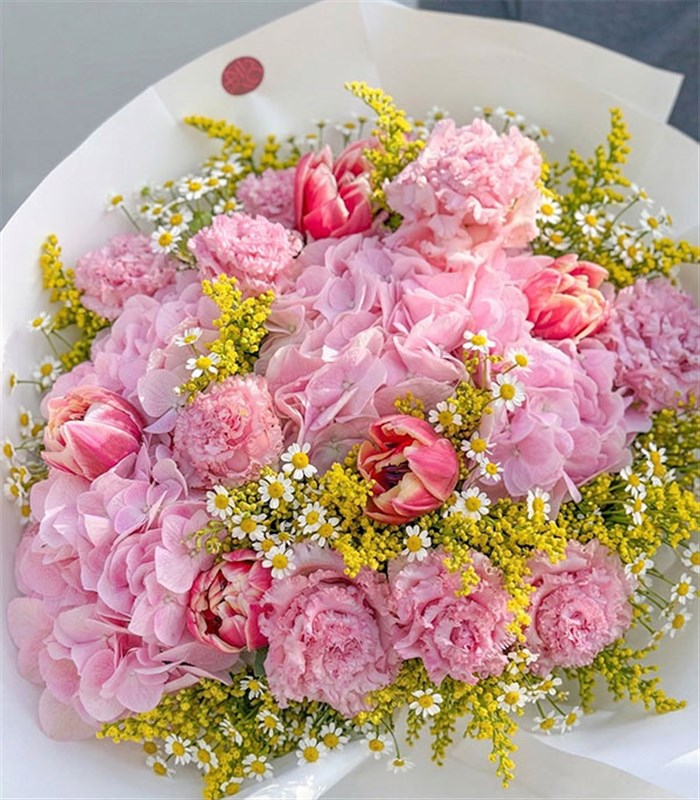 Sunny Daisy Pembe Ortanca Papatya Lale Bahar Buketi