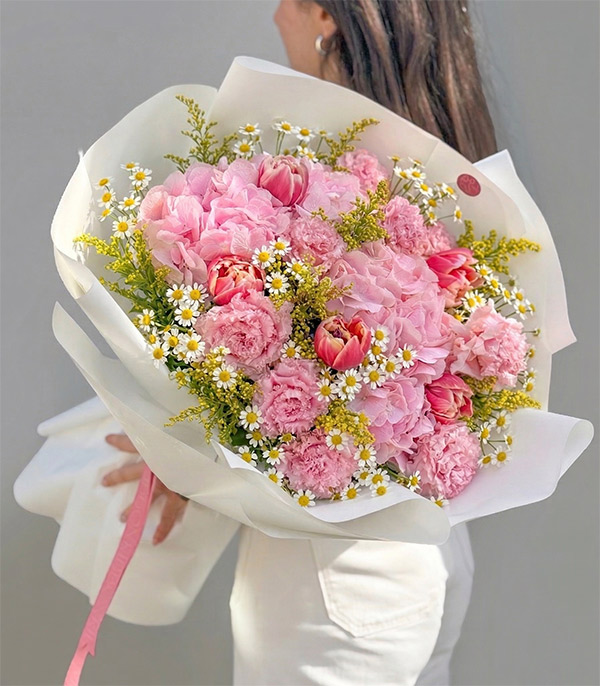 Sunny Daisy Pembe Ortanca Papatya Lale Bahar Buketi