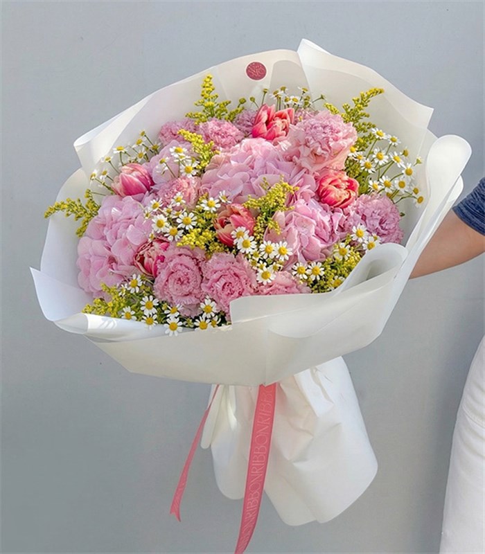 Sunny Daisy Pembe Ortanca Papatya Lale Bahar Buketi