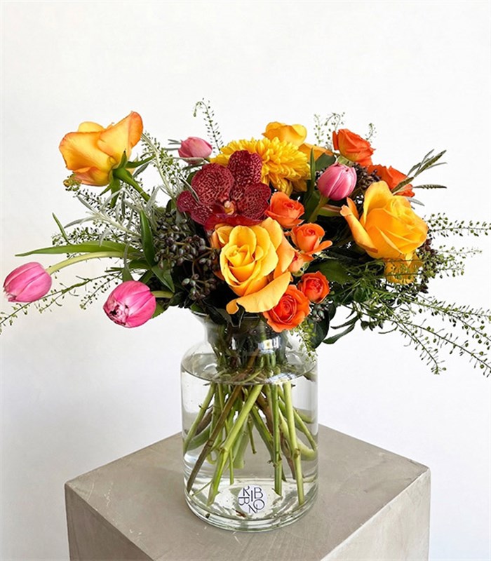 Mary Cam Vazoda Turuncu Gül Pembe Lale Aranjman