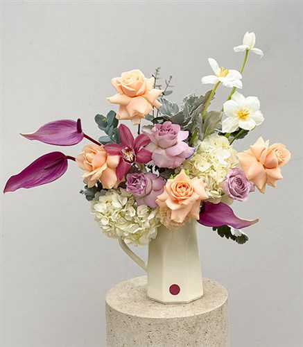 Ceramic Cream Pitcher Vase with Lilac Apricot Rose and Hydrangea Arrangement