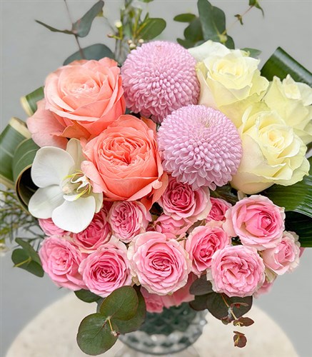 Leaf White Salmon Rose Mini Crystal Vase Arrangement