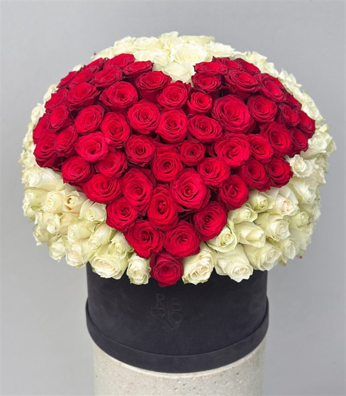 151 Red Heart Rose Gray Royal Deluxe Box Arrangement
