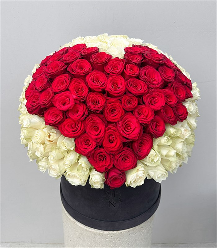 151 Red Heart Rose Gray Royal Deluxe Box Arrangement