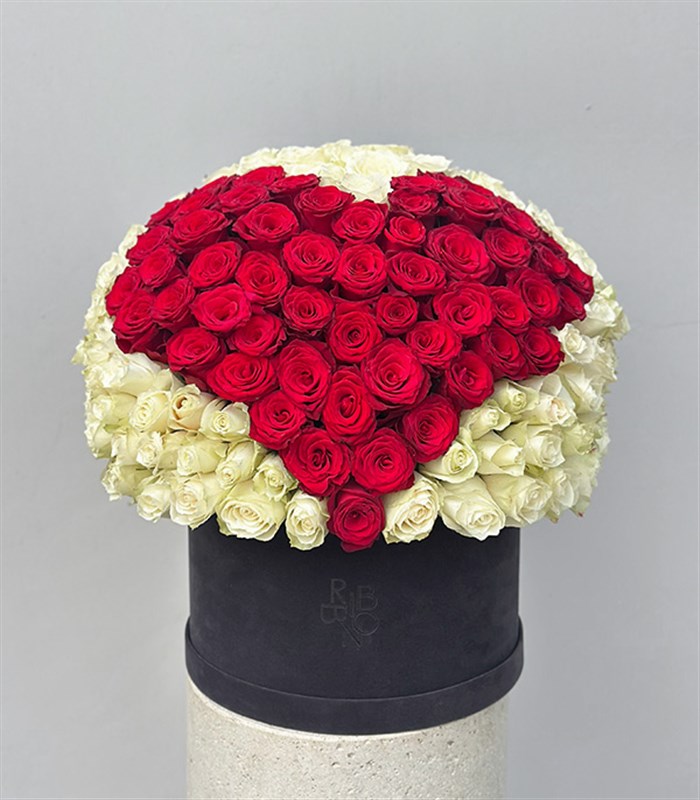 151 Red Heart Rose Gray Royal Deluxe Box Arrangement