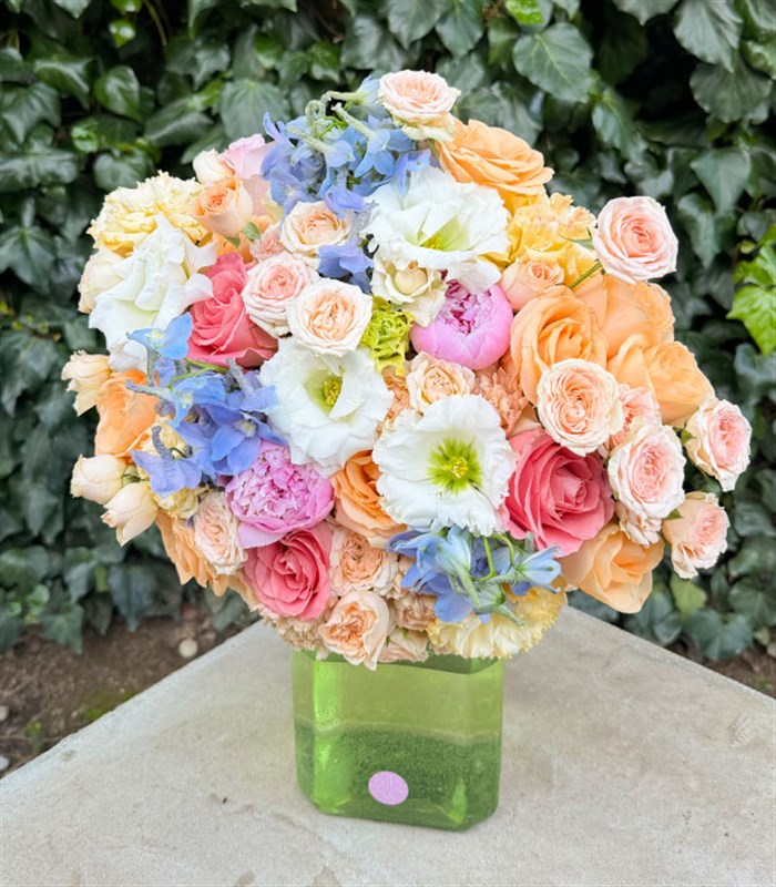 Sage Green Glass Vase Pink Peony Rose Spring Arrangement