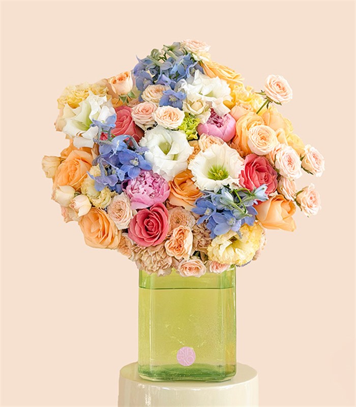 Sage Green Glass Vase Pink Peony Rose Spring Arrangement