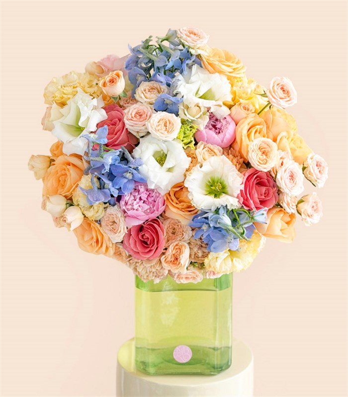 Sage Green Glass Vase Pink Peony Rose Spring Arrangement