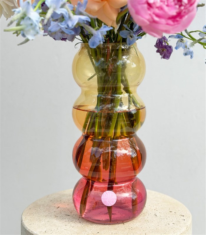 Aurora Bloom Cam Vazoda Pembe Şakayık Delfinyum Bahar Aranjmanı