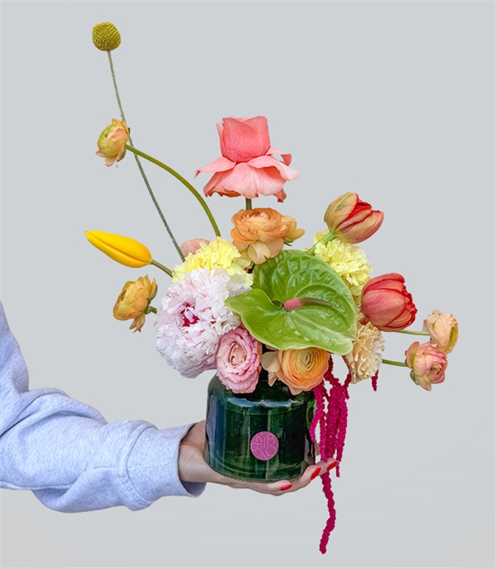 Pink Lady Green Mini Vase Pink Peony Ranunculus Spring Arrangement