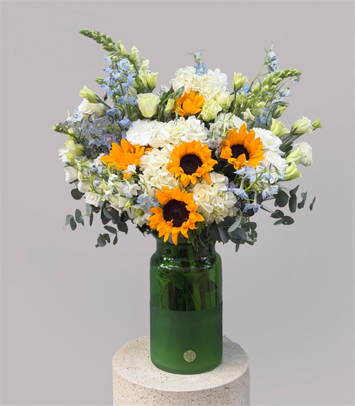 Ray Of Light Green Vase White Hydrangea Sunflower Arrangement
