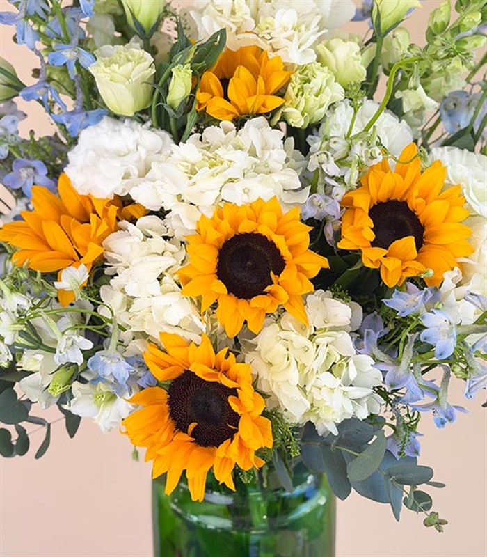 Ray Of Light Green Vase White Hydrangea Sunflower Arrangement