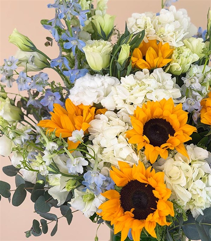 Ray Of Light Green Vase White Hydrangea Sunflower Arrangement