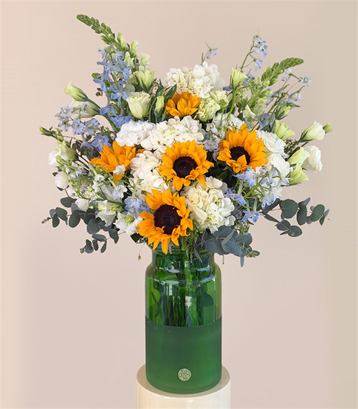 Ray Of Light Green Vase White Hydrangea Sunflower Arrangement