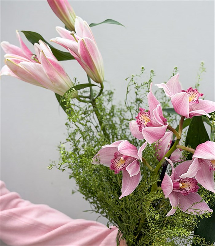 Magnolia Pink Lily Cymbidium Orchid Mothers Day Bouquet