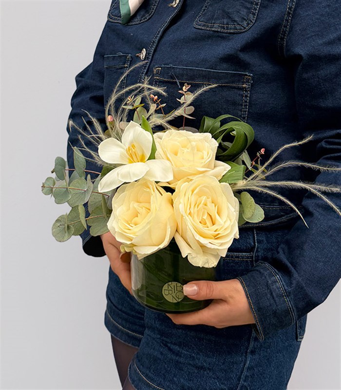 Ivory White Tulip Rose Arrangement in Mini Vase