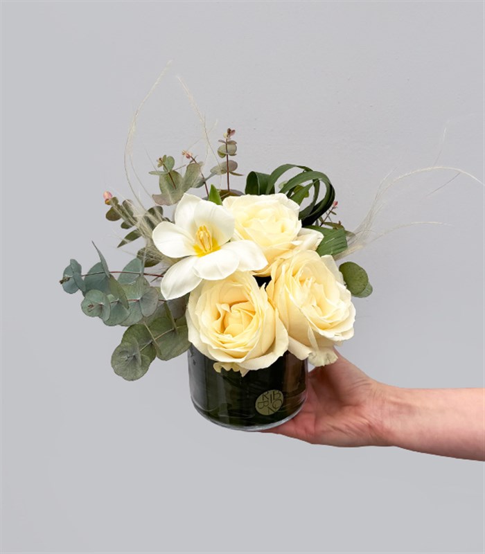 Ivory White Tulip Rose Arrangement in Mini Vase