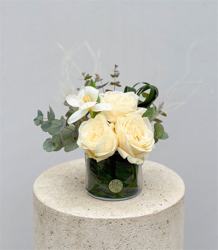 Ivory White Tulip Rose Arrangement in Mini Vase
