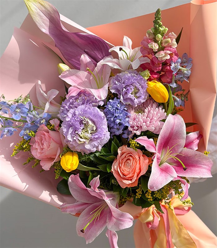 Bloom Fest Pink Rose Lily Colorful Spring Bouquet