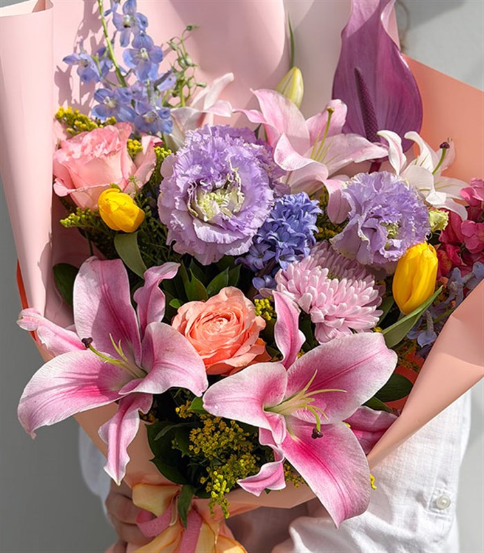 Bloom Fest Pink Rose Lily Colorful Spring Bouquet