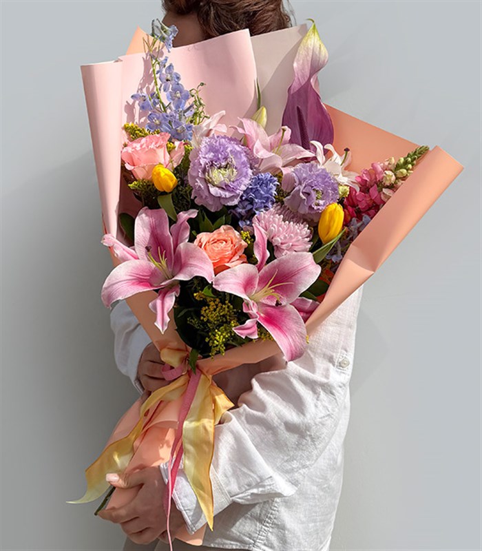 Bloom Fest Pink Rose Lily Colorful Spring Bouquet