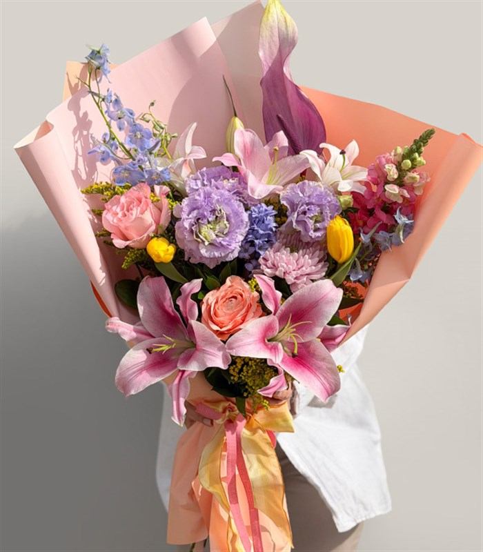 Bloom Fest Pink Rose Lily Colorful Spring Bouquet